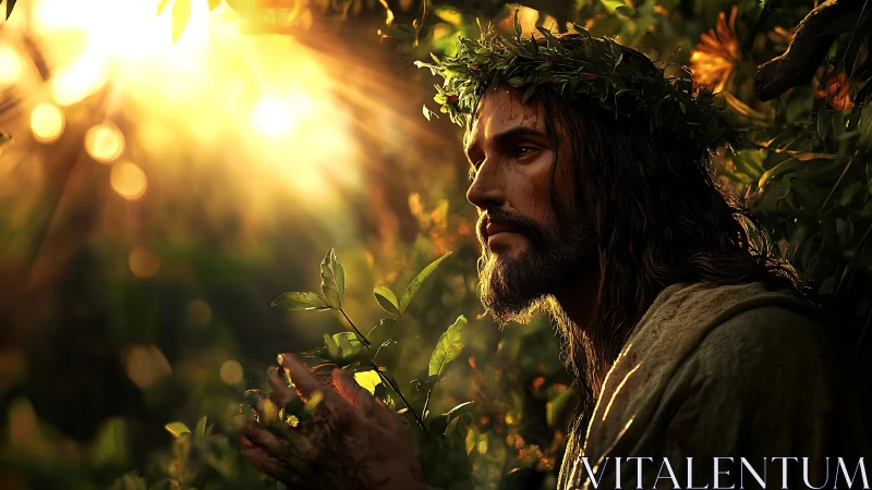 Sunlit male figure with leaf crown sits among dense foliage