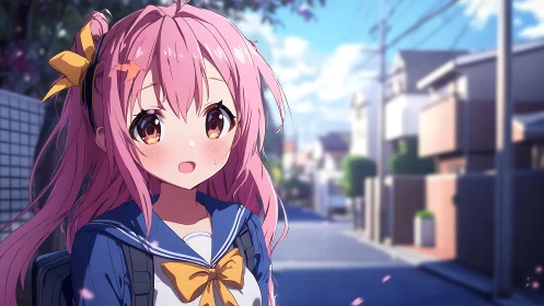 Anime schoolgirl portrait in soft urban afternoon lighting.