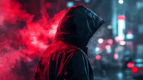 Hooded figure in neon city with red smoke at night.
