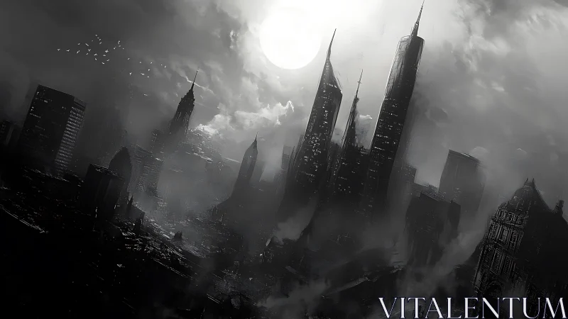 Midnight fog crowns a shattered monochrome megacity skyline.