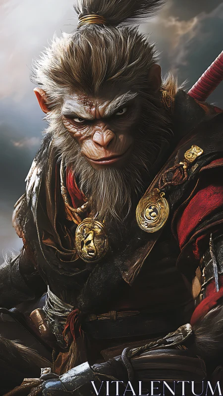 Mythic monkey warrior in ornate armor, frontal portrait.