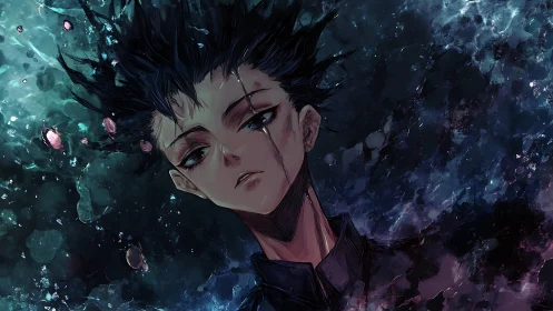Brooding anime boy sinks through dark swirling water