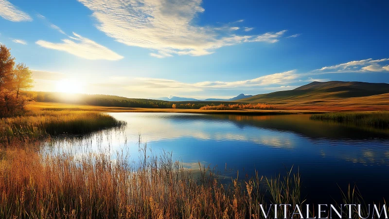 Sunlit autumn lake with grassy shorelines and hills in view.