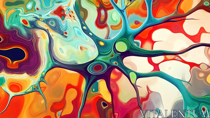 Colorful branching shapes reach across a lively swirling canvas