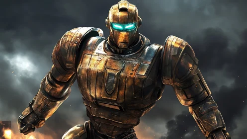 Battle-worn robot guardian strides through glowing storm.