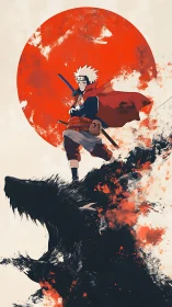 Samurai warrior atop abstract wolf silhouette with red sun.