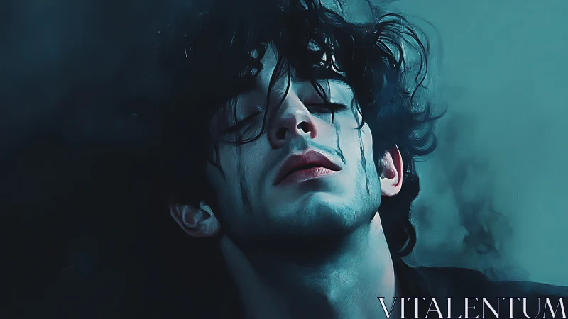 Brooding youth sinks into teal dusk, tears tracing cheeks.