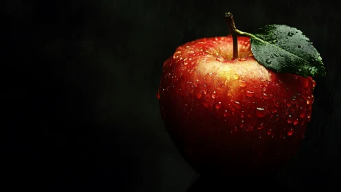 Rain-kissed crimson apple under dramatic dark spotlight.