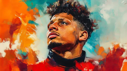 Fiery gridiron portrait blazing through painterly clouds.