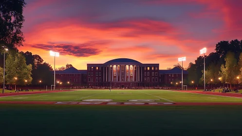 Sunset-lit campus stadium framing neoclassical hall facade.