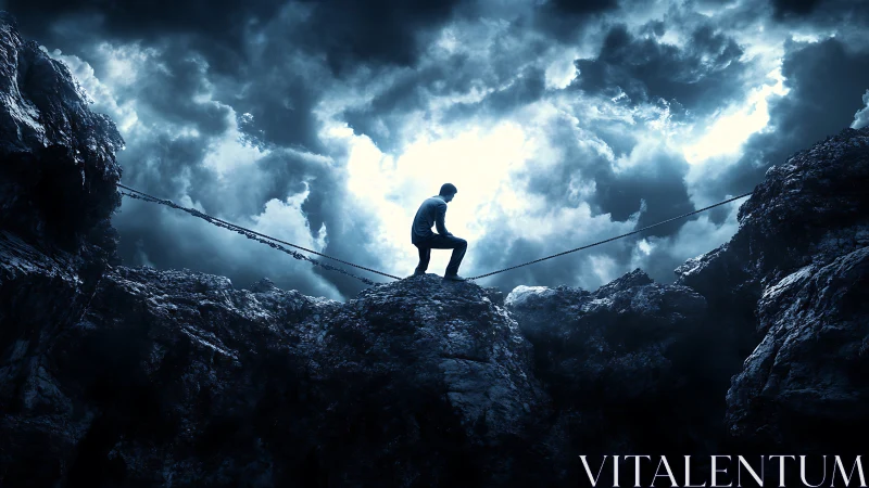 Solitary figure crouched on dark rocky peak under stormy sky.