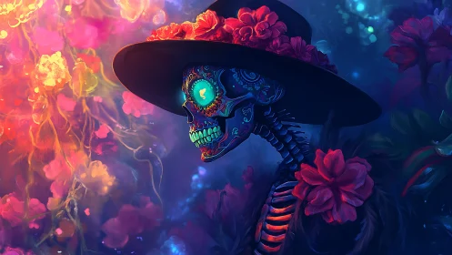 Radiant calavera dream walking through neon blossoms.