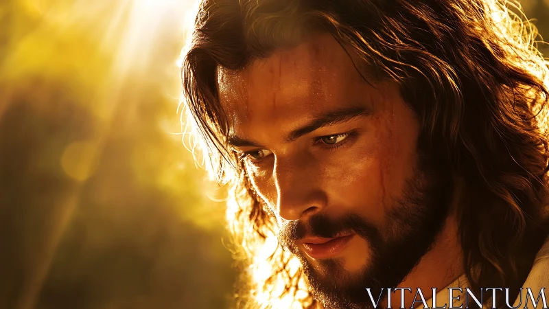 Golden light on a thoughtful, gentle bearded face in prayer.