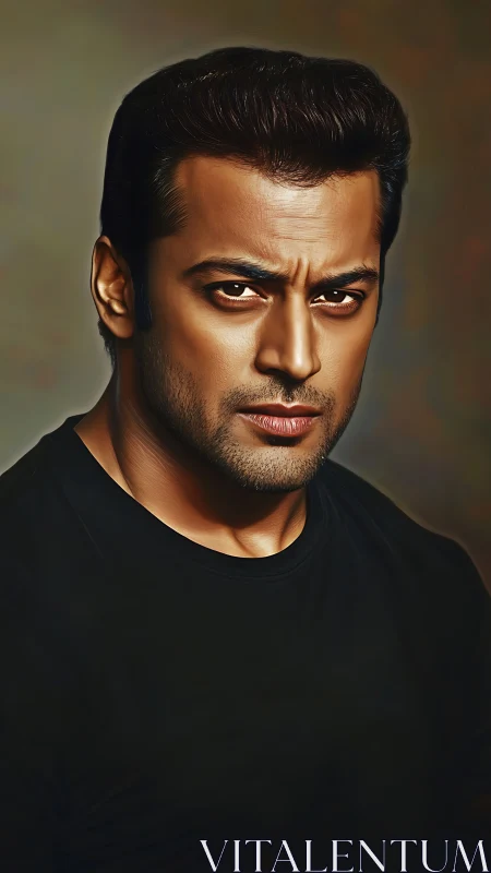 Intense portrait of man in dark shirt with dramatic focus.