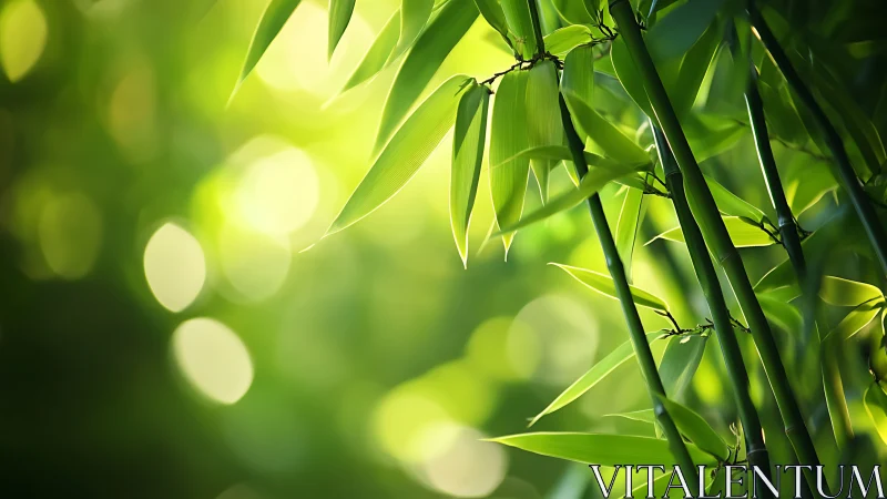 Sunlit Bamboo Stalks with Lush Green Leaves in Soft Focus Nature.