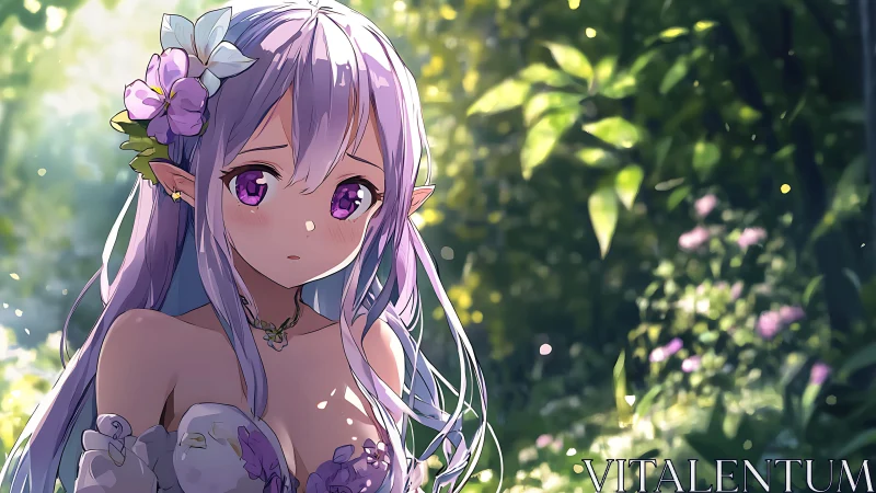 Violet-eyed forest elf bathed in dappled luminous morning.