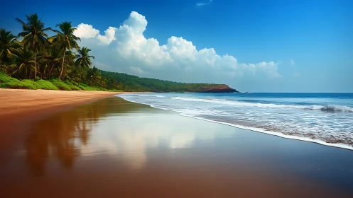 Sunlit palm coast and gentle waves on a quiet shoreline.