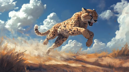 Cheetah in Flight Over Desert Savanna Landscape.