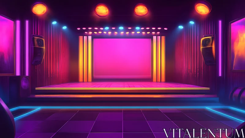 Neon lit interior performance stage with empty dance floor.