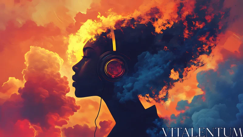 Silhouetted listener merges with volumetric clouds in fiery gradient