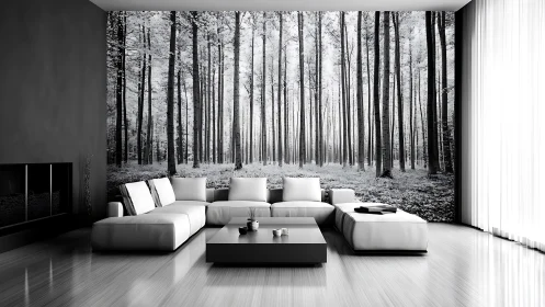 Minimalist Interior with Forest Wall Mural