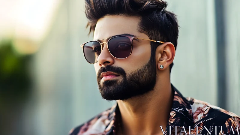Man with sunglasses and beard stands outdoors in soft light