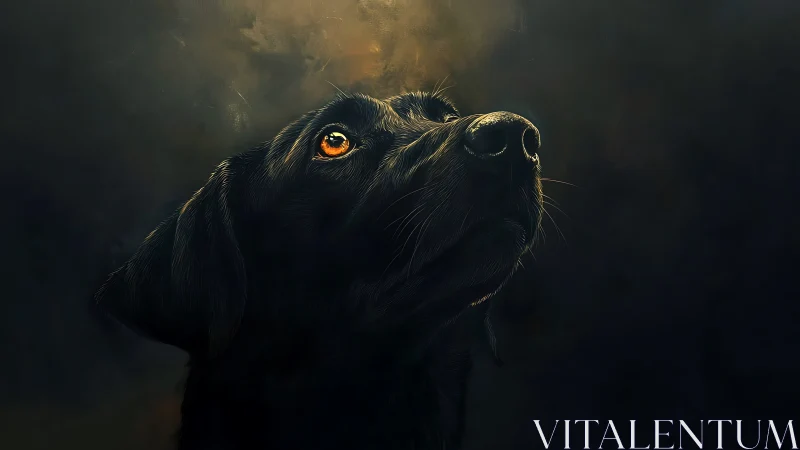 Black dog portrait gazes upward into soft warm light