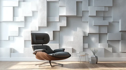 Mid-Century Lounge Chair Against Modular White Wall Installation.