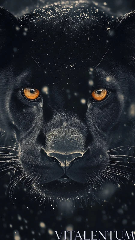 Black Feline Portrait with Amber Eyes and Particulate Overlay
