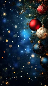 Christmas ornaments hang on fir branch over blue bokeh