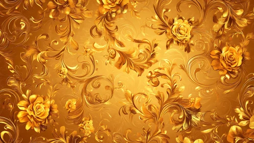 Golden floral rose pattern on ornate decorative background.