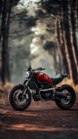 Crimson scrambler motorcycle poised on misty forest trail.