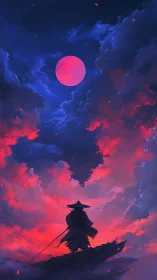 Lone swordsman silhouette under crimson moon and nebular sky