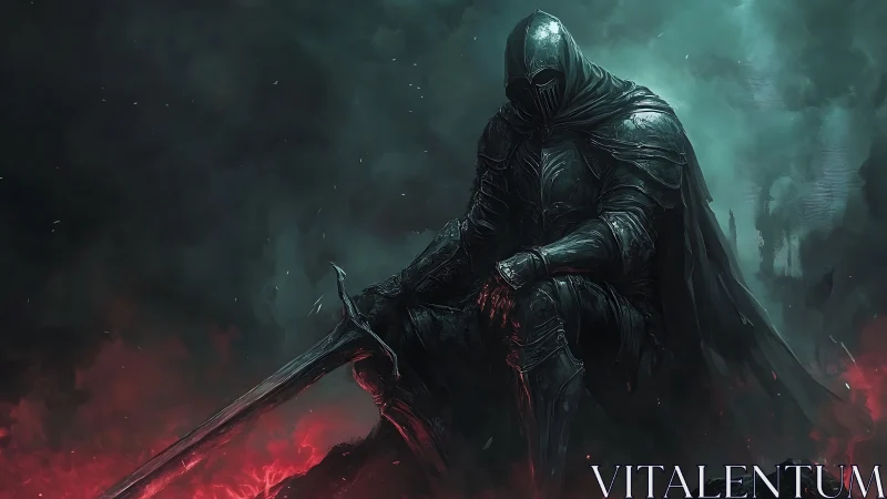 Armored cloaked figure seated with sword amid red haze.