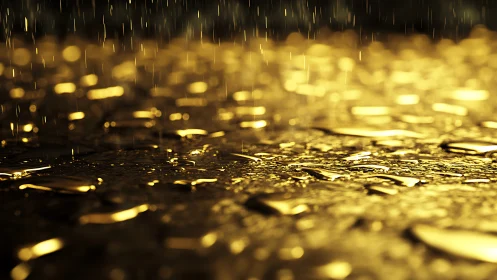 Golden liquid surface with rainfall and reflective bokeh.
