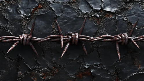 Rusted barbed wire cuts across a cracked, dark metal wall