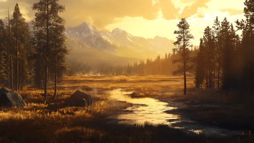 Golden-hour alpine wetland with backlit trees and reflective stream