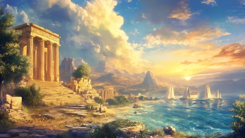 Sunlit classical temple above mythic Mediterranean sailing bay