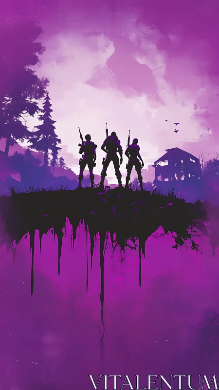 Three armed soldiers stand on dripping neon ridge silhouette