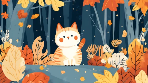 Whimsical Forest Cat Among Tumbling Autumn Leaves.