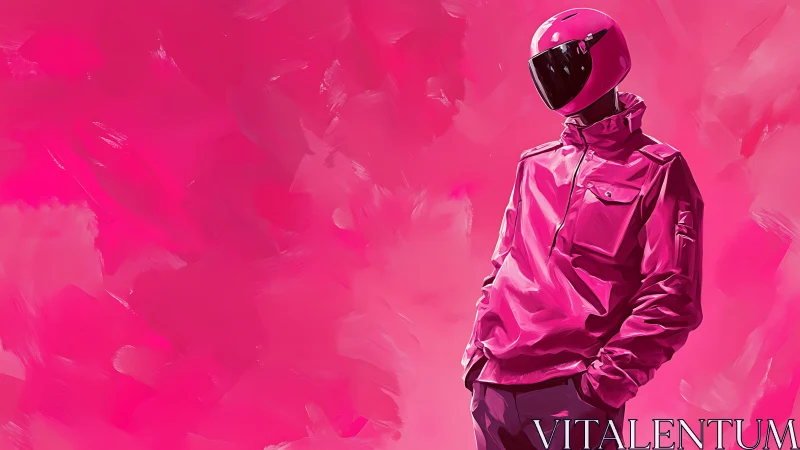 Neon pink rider stands against abstract painted void.