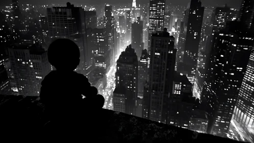 Child silhouette overlooking illuminated night city skyline