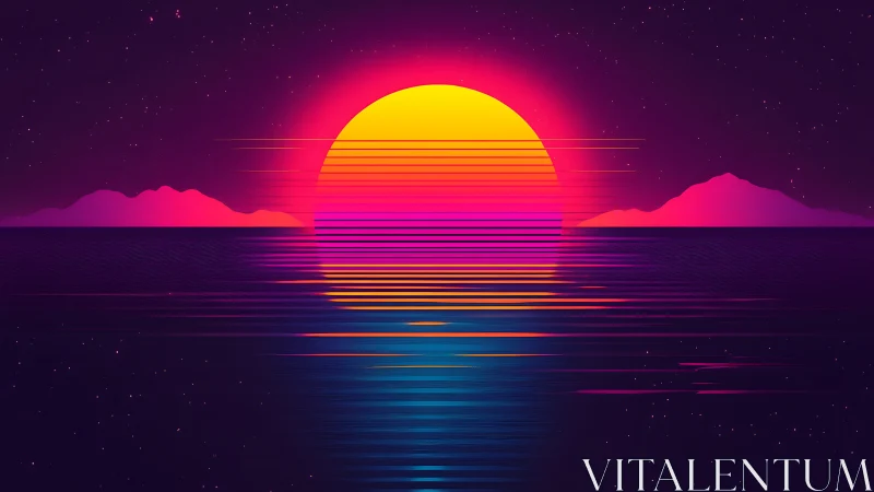 Neon gradient sun over calm sea with distant silhouettes.