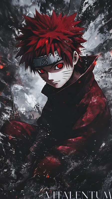 Red haired shinobi portrait in dark swirling backdrop.