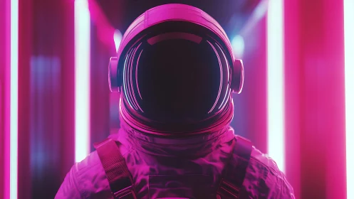 Neon corridor astronaut drifting through soft cosmic glow.