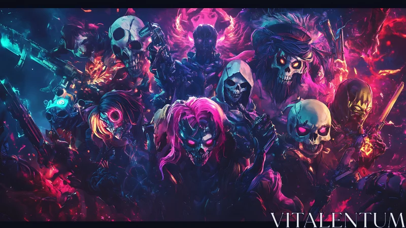 Neon skeletal warband stalks burning cyber inferno night.