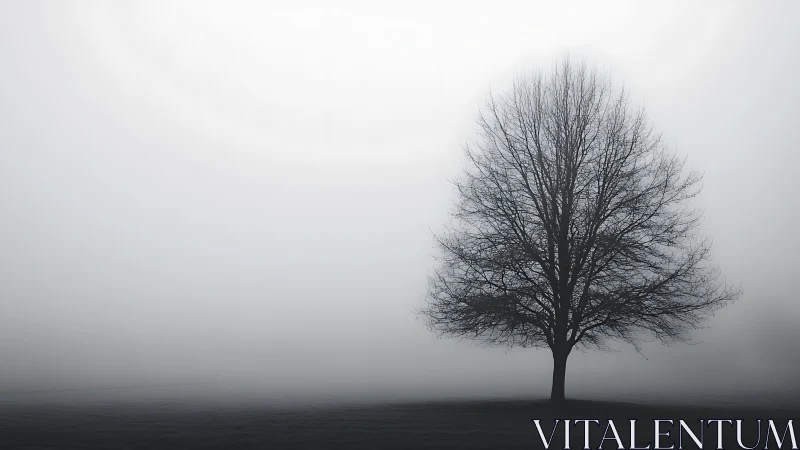 Leafless tree centered in dense fog over flat landscape.