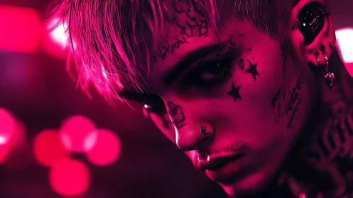 Neon magenta portrait of tattooed cyberpunk youth in close-up