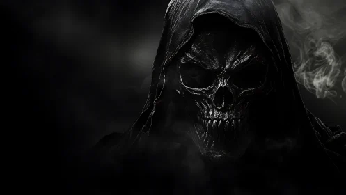 Grinning midnight reaper emerging from the breathing dark.