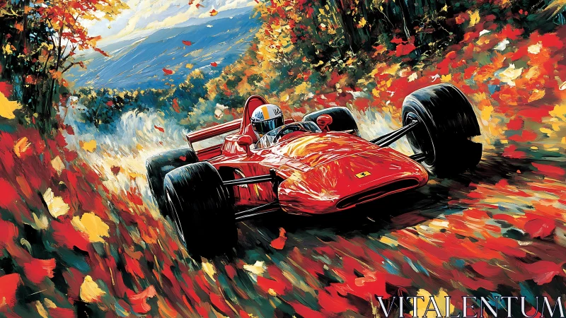 Vintage red Formula racing car in autumn forest scene.